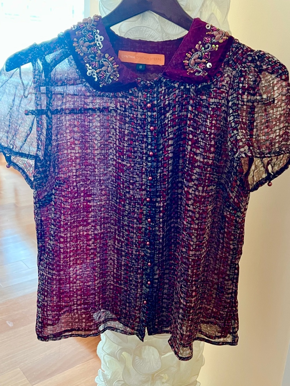 Vintage Cynthia Steffe Blouse Heavily Beaded Collar Lightweight Lined 8 VG